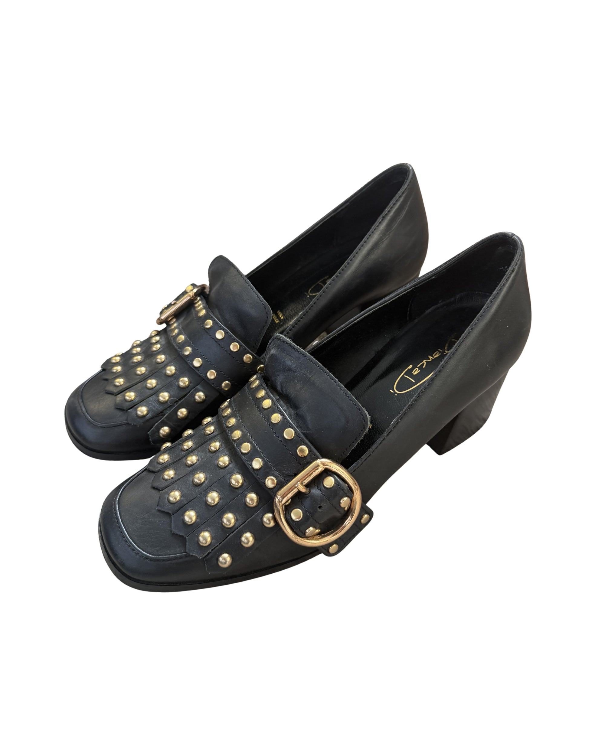 Gold Studded Leather Heeled Loafers [7]