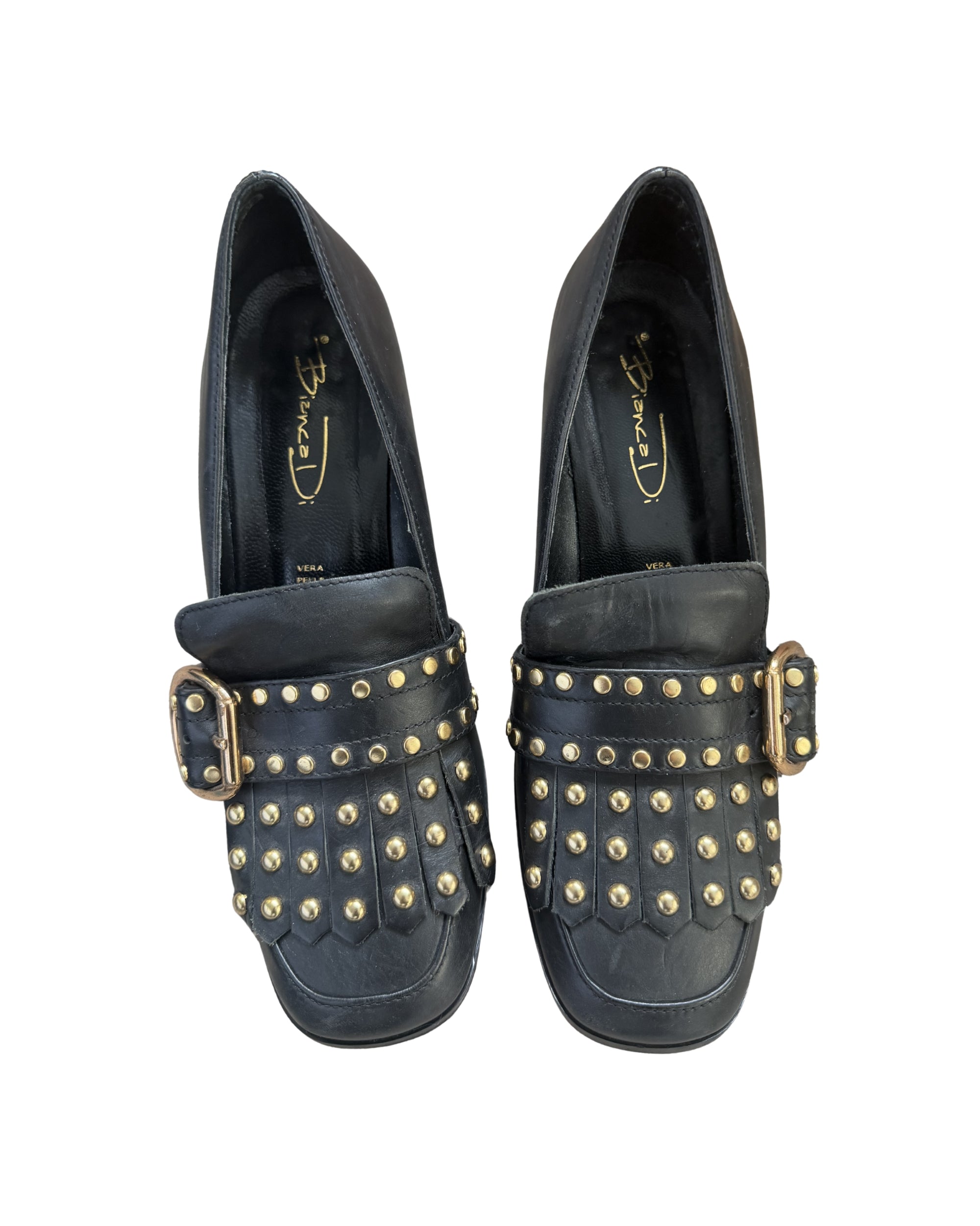 Gold Studded Leather Heeled Loafers [7]